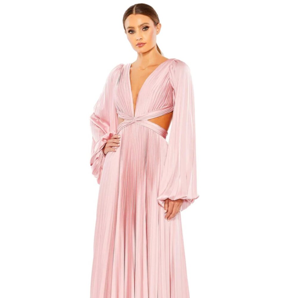 MAC DUGGAL LONG SLEEVE PLEATED CHARMEUSE CUT OUT GOWN